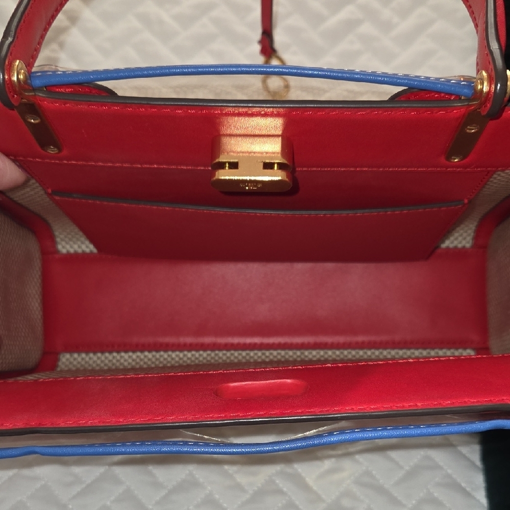 Tory Burch Lee Radziwill Bag w/ Raincoat Red and Blue Accents - Picture 12 of 16
